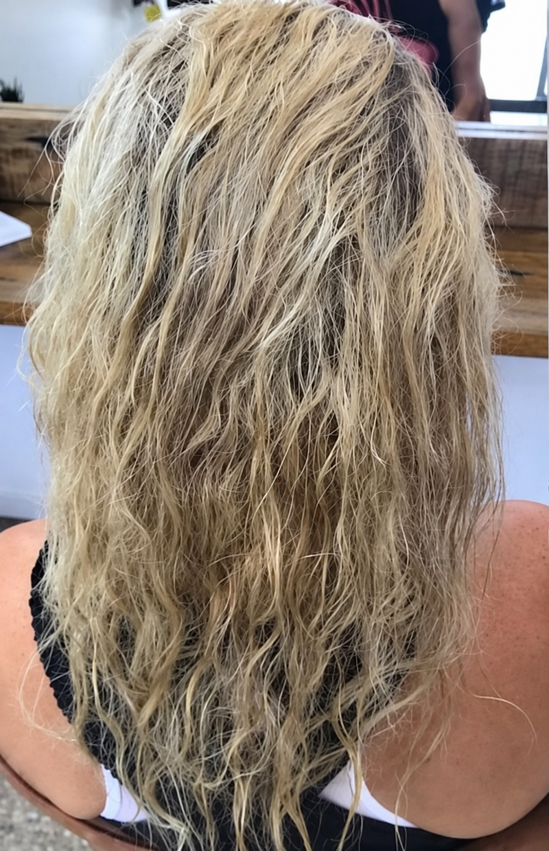 Blonde hair before the Novak full keratin treatment